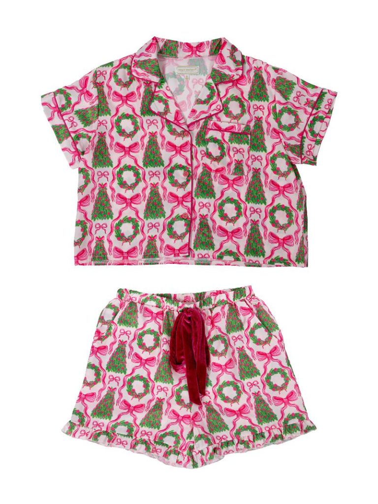 Simply Southern Tree Bow Holiday PJ Shorts & Button Top Set