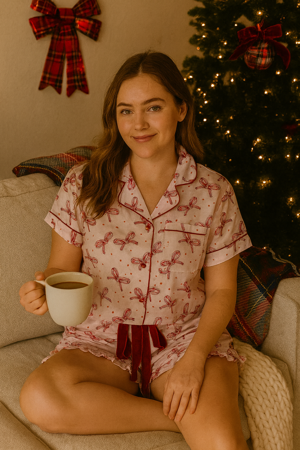Simply Southern Candy Bow Holiday PJ Shorts & Button Top Set - SimplyCuteTees