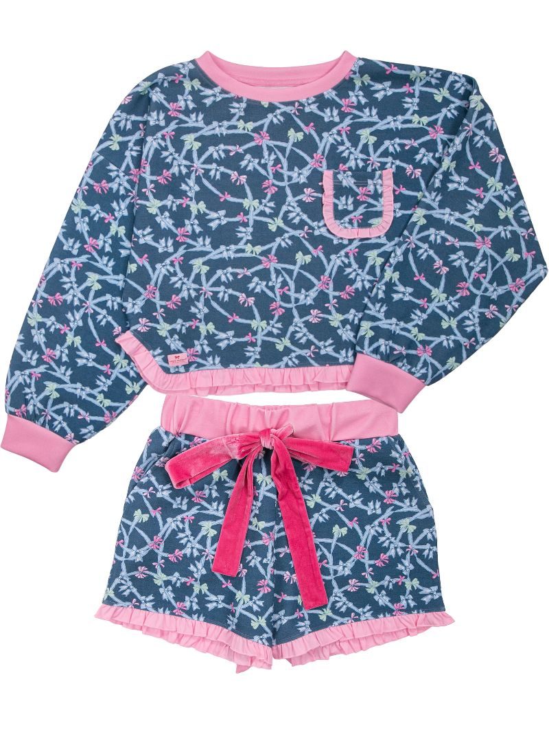 Simply Southern Ribbon Pattern Ruffle PJ Shorts &amp; Long Sleeve T-Shirt Set - SimplyCuteTees