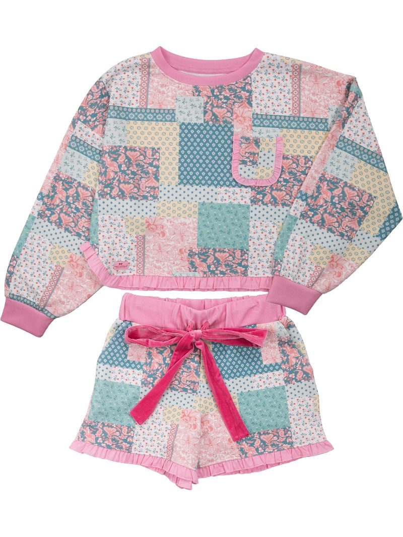 Simply Southern Quilted Pattern Ruffle PJ Shorts &amp; Long Sleeve T-Shirt Set - SimplyCuteTees