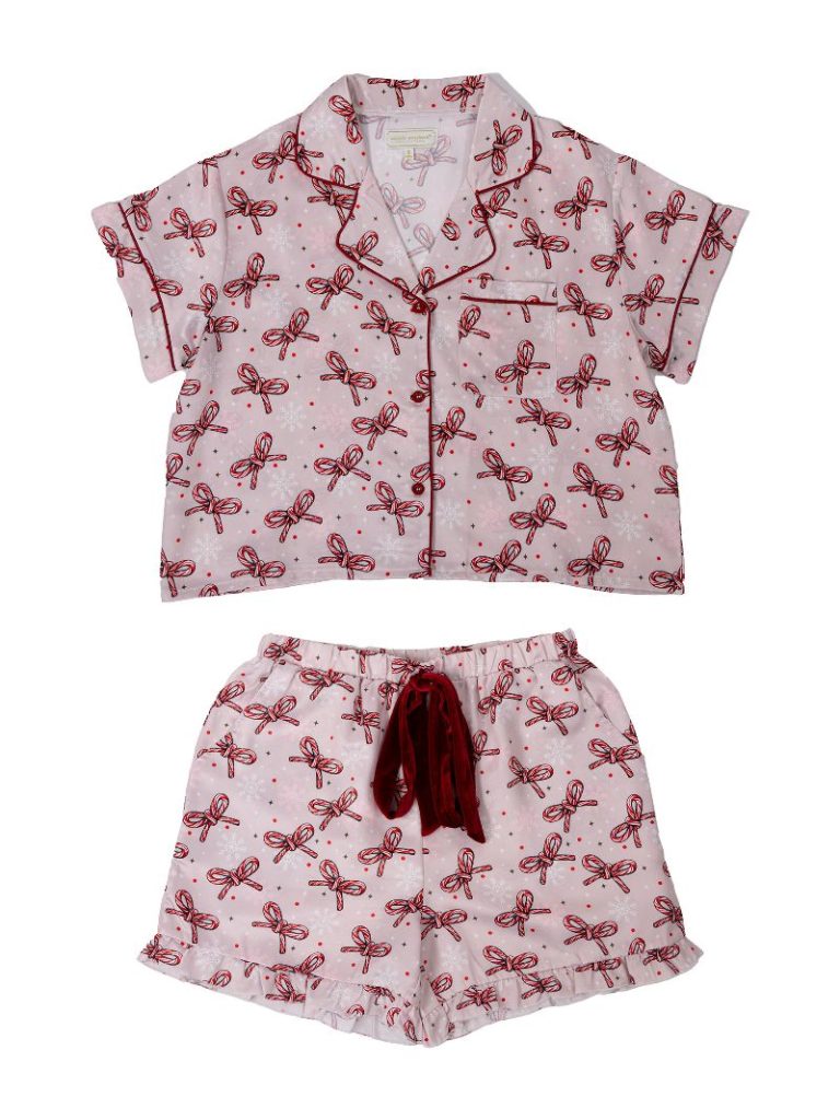Simply Southern Candy Bow Holiday PJ Shorts &amp; Button Top Set - SimplyCuteTees