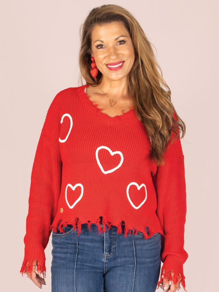 Simply Southern Hearts Distressed Long Sleeve V-Neck Sweatshirt - SimplyCuteTees