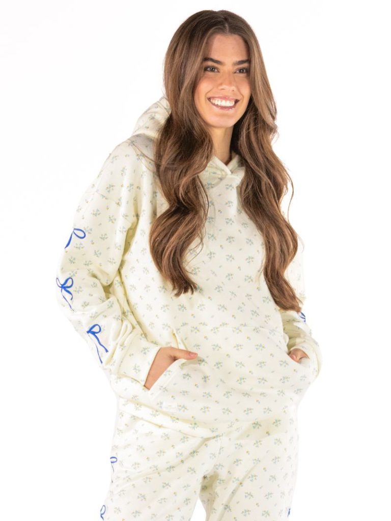 Simply Southern Bow Blue Flower Pattern Alice Long Sleeve Hoodie