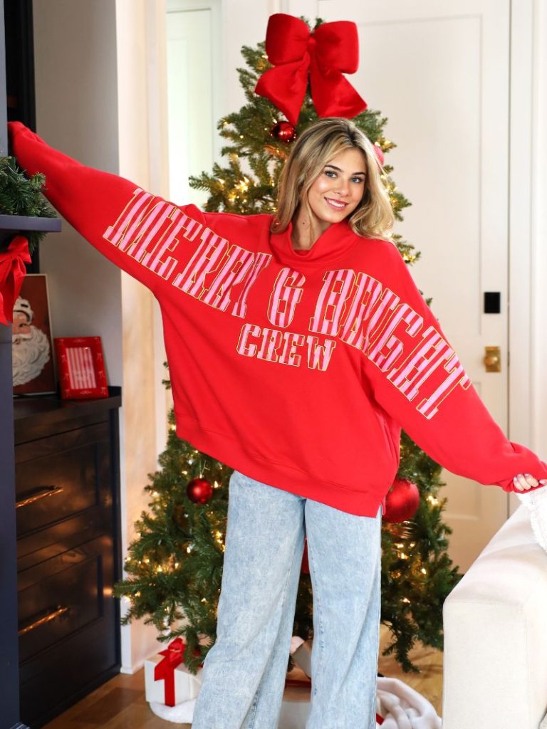 Simply Southern Merry Holiday Mock Neck Pullover Crew Oversized Sweatshirt