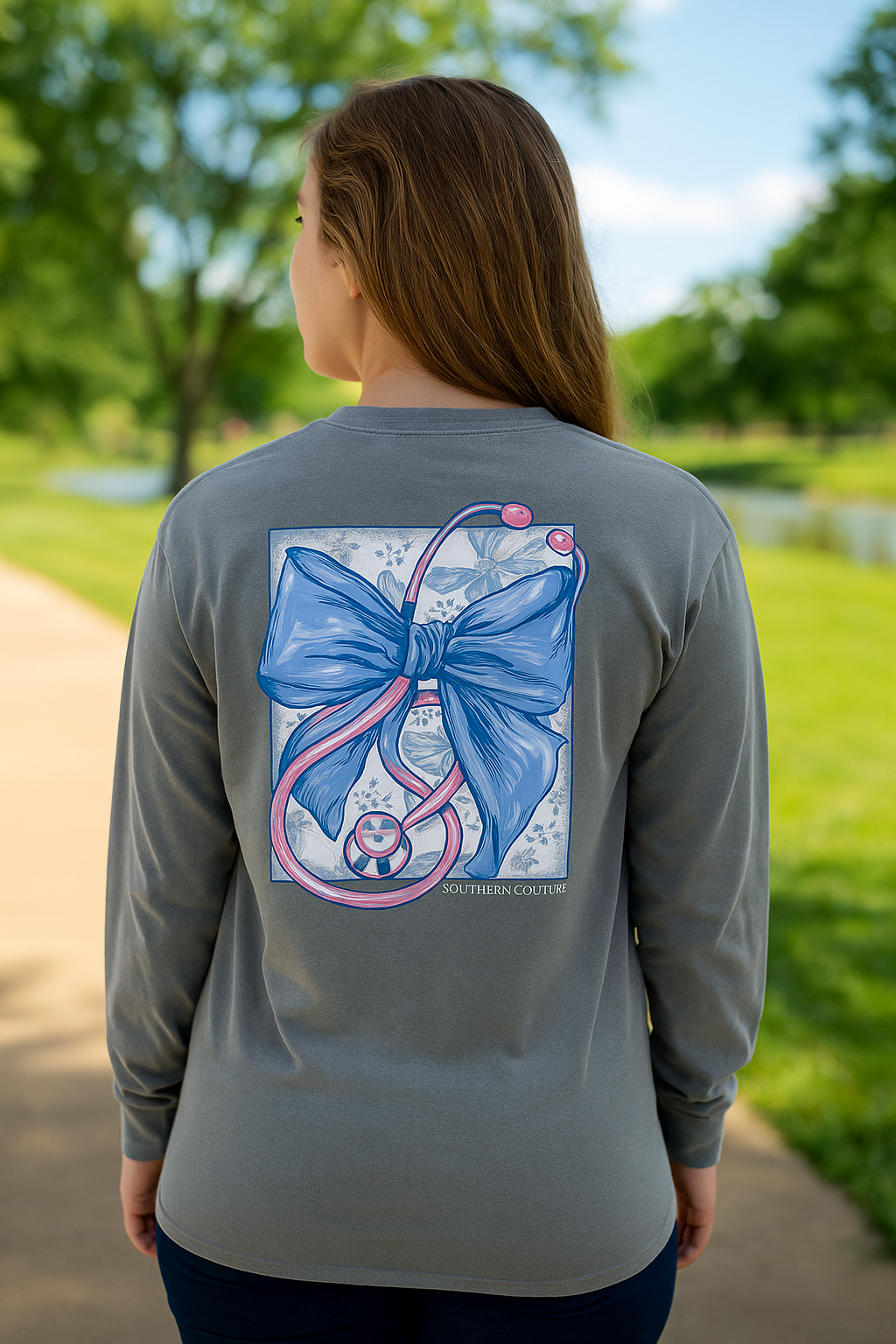 Southern Couture Classic Stethoscope With Bow Nurse Long Sleeve T-Shirt - SimplyCuteTees