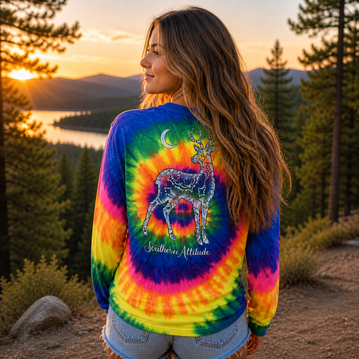 Southern Attitude Tortuga Moon Mandala Dream Deer Neon Tie Dye Long Sleeve T-Shirt