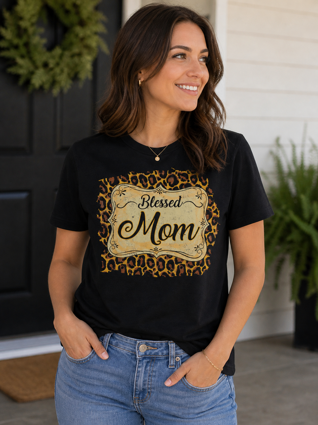 Sassy Frass Blessed Mom Leopard Front Print Bright Girlie T Shirt