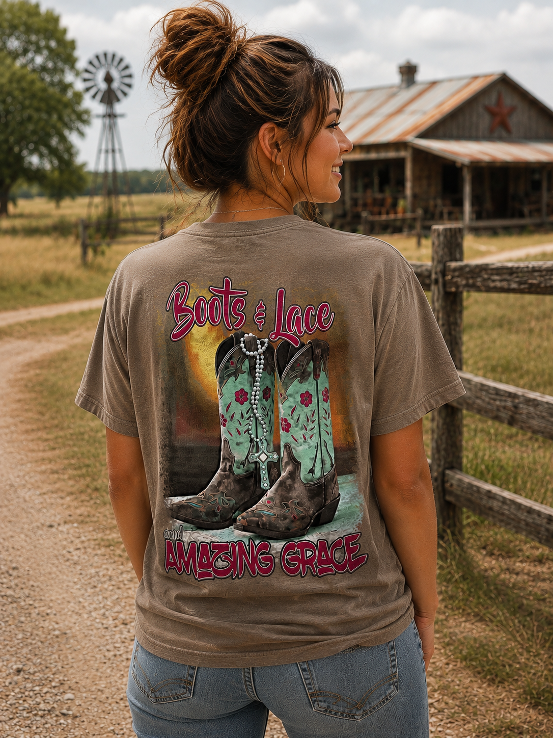 Southern Chics Boots Lace &amp; Amazing Grace Christian Girlie Bright T Shirt