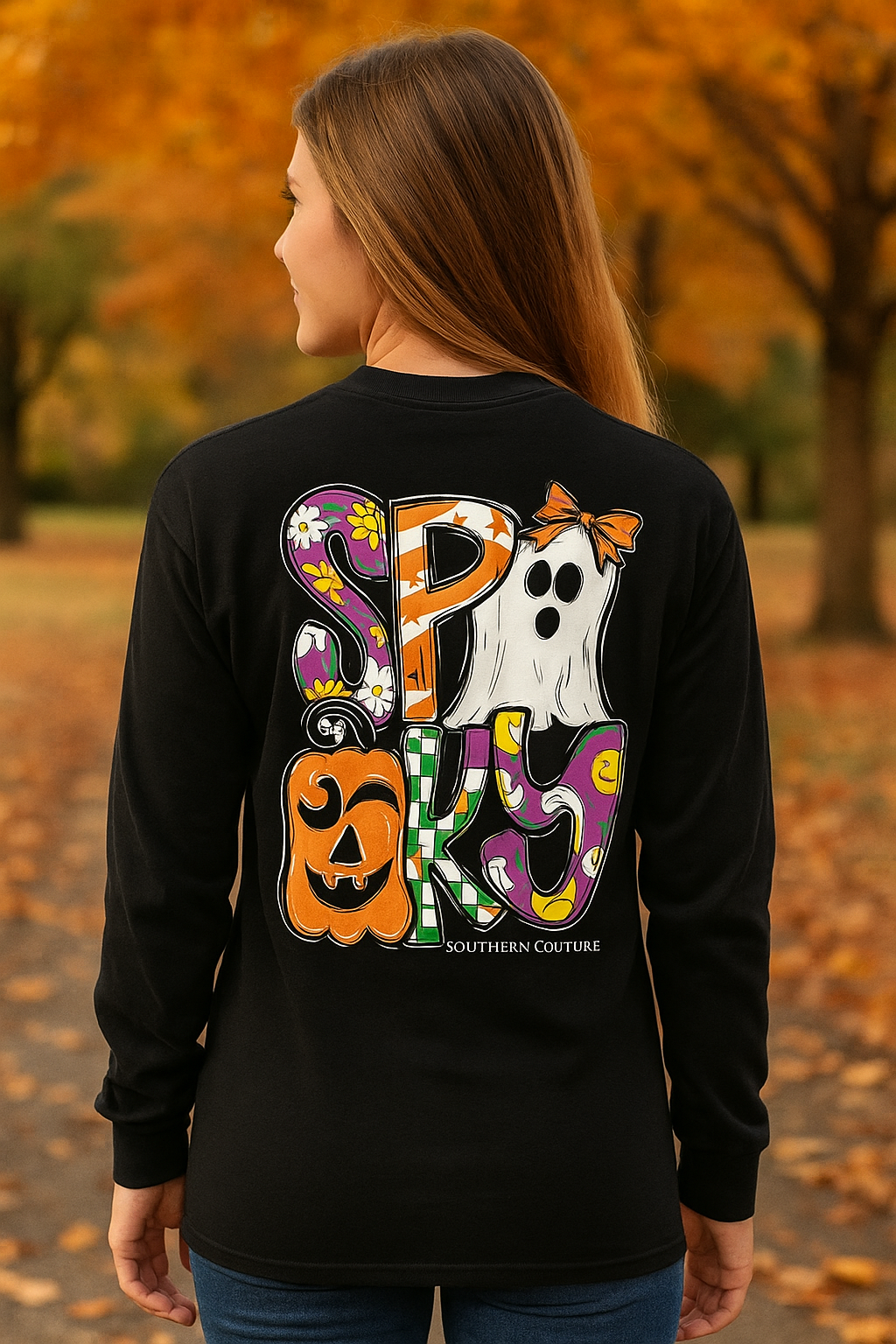Southern Couture Classic Pattern Letter Spooky Fall Long Sleeve T-Shirt - SimplyCuteTees