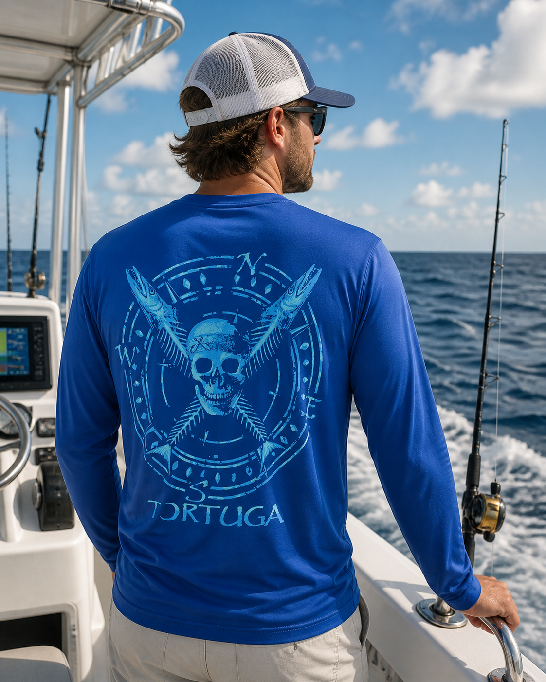Southern Attitude Tortuga Moon Skull Bones Unisex Sport Tech Rashguard Swim UV Protection Blue T-Shirt