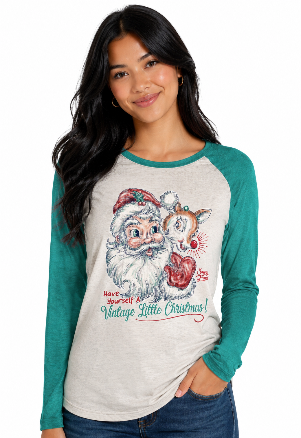 SALE Sassy Frass Vintage Little Christmas Santa Long Sleeve Raglan T Shirt