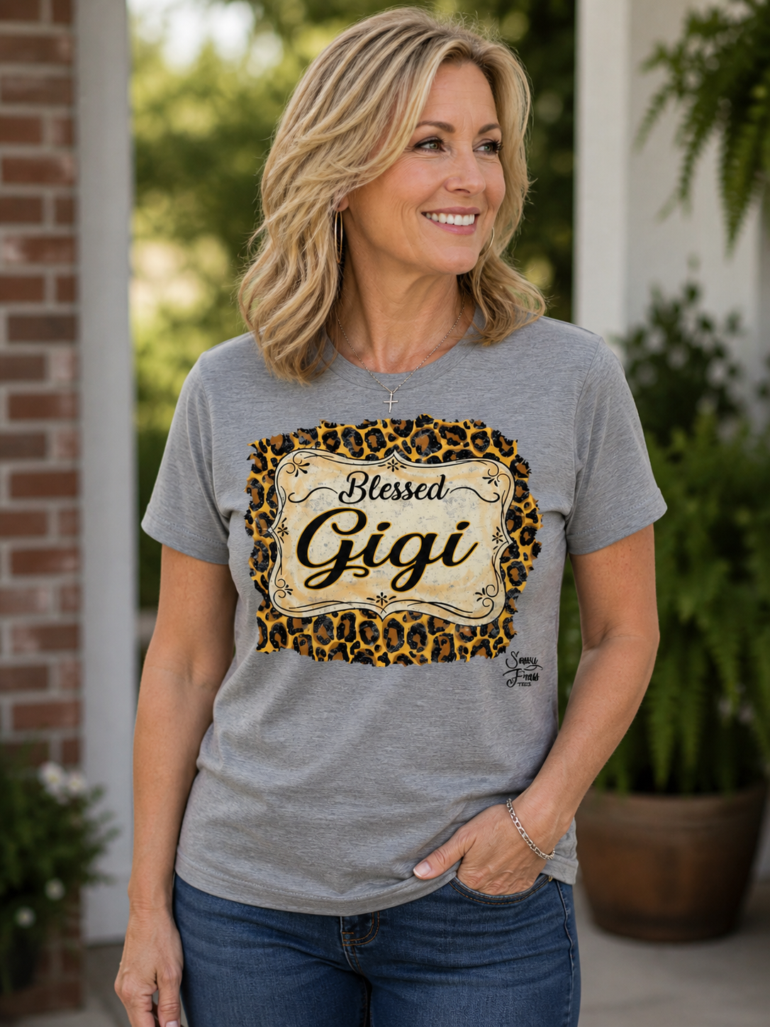 SALE Sassy Frass Blessed Gigi Leopard Front Print Bright Girlie T Shirt