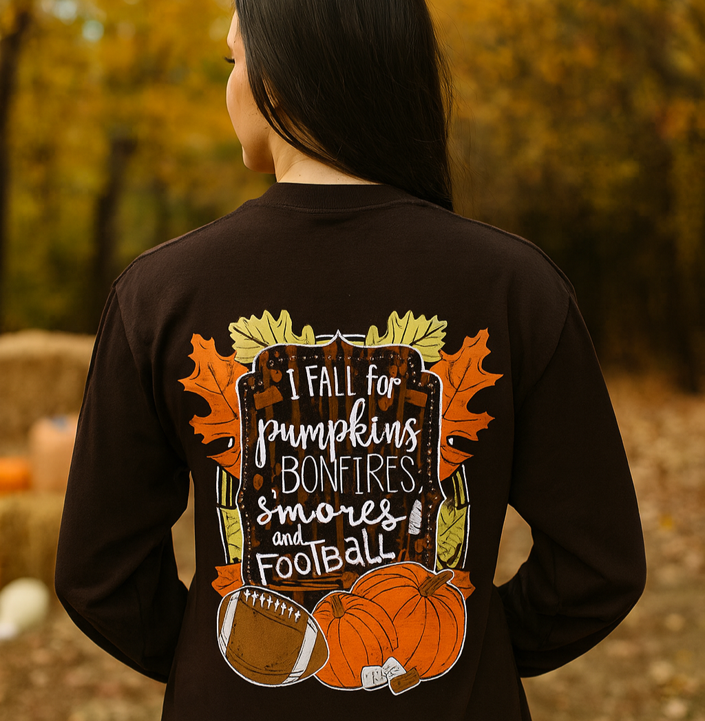 Girlie Girl Originals Fall for Pumpkins, Bonfires and Football Long Sleeve T-Shirt