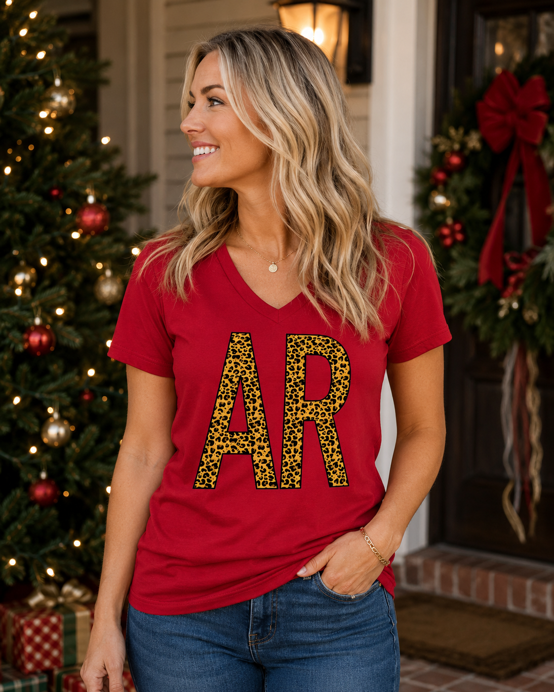 Sassy Frass Arkansas Leopard V-Neck Canvas T-Shirt