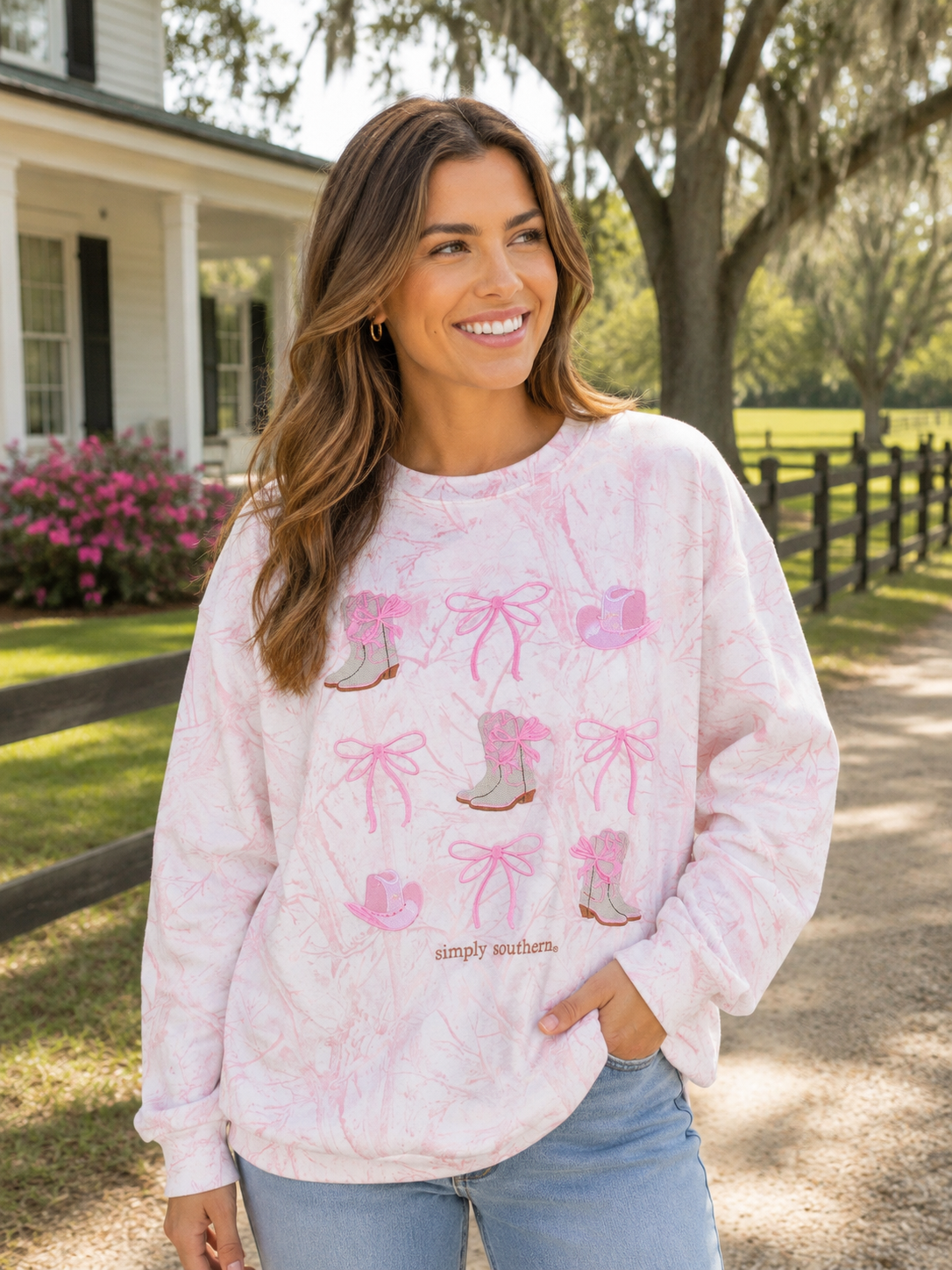 Simply Southern 0226 Pink Camo EVD Embroidered Long Sleeve Crew