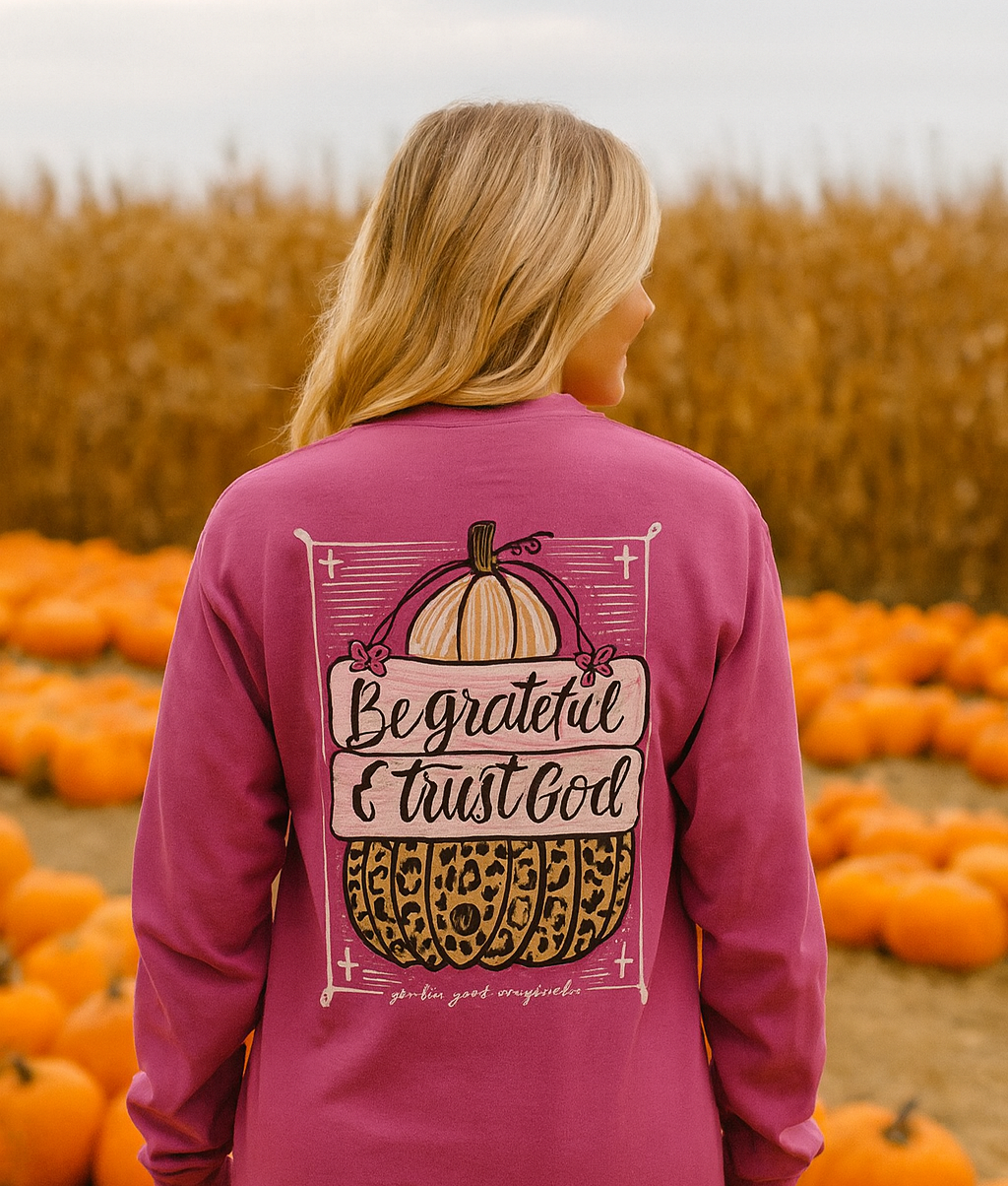 Girlie Girl Be Grateful Fall Leopard Pumpkin Long Sleeve T-Shirt