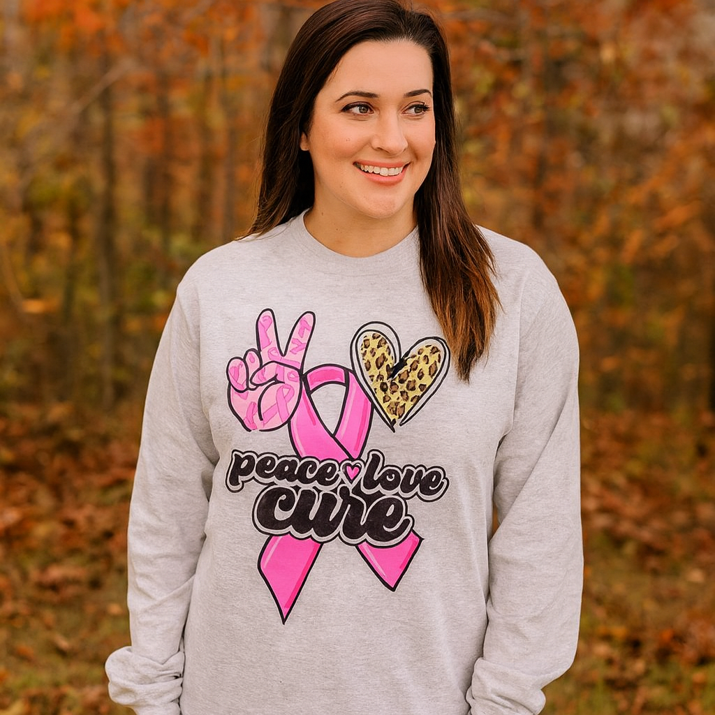 Girlie Girl Originals Peace Love Cure Breast Cancer Leopard Long Sleeves T Shirt