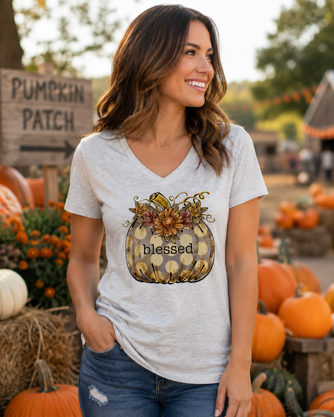 SALE Sassy Frass Blessed Pumpkin V-Neck Canvas Girlie Bright T Shirt