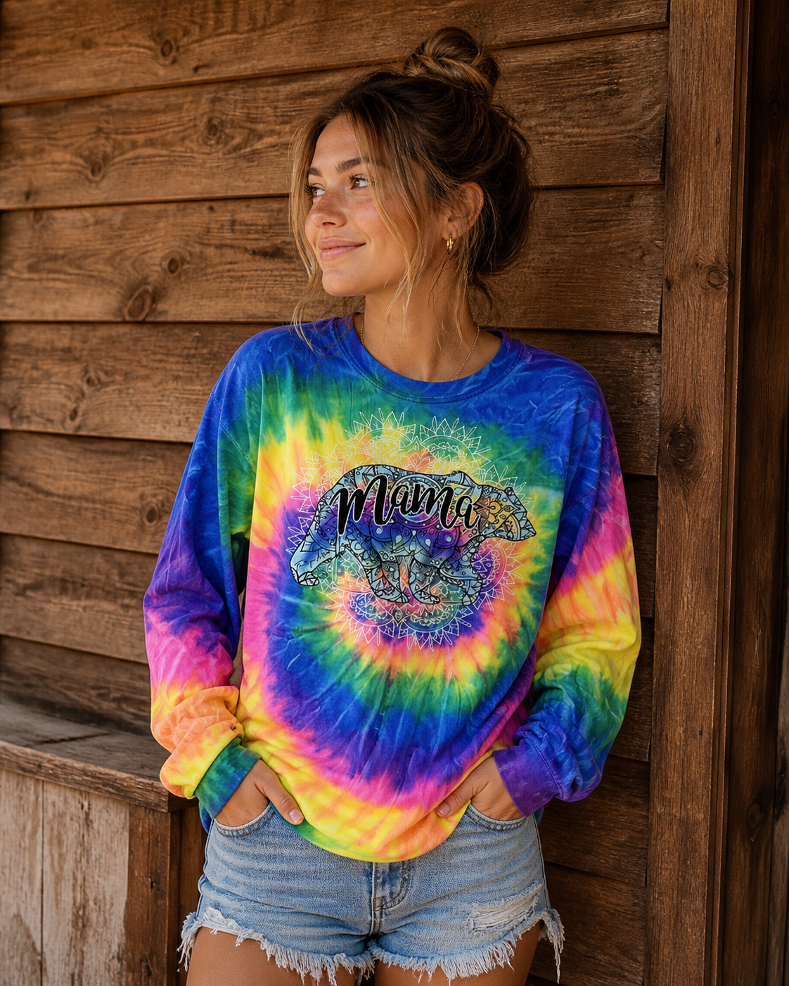 Southern Attitude Tortuga Moon Mandala Mama Bear Neon Tie Dye Long Sleeve T-Shirt