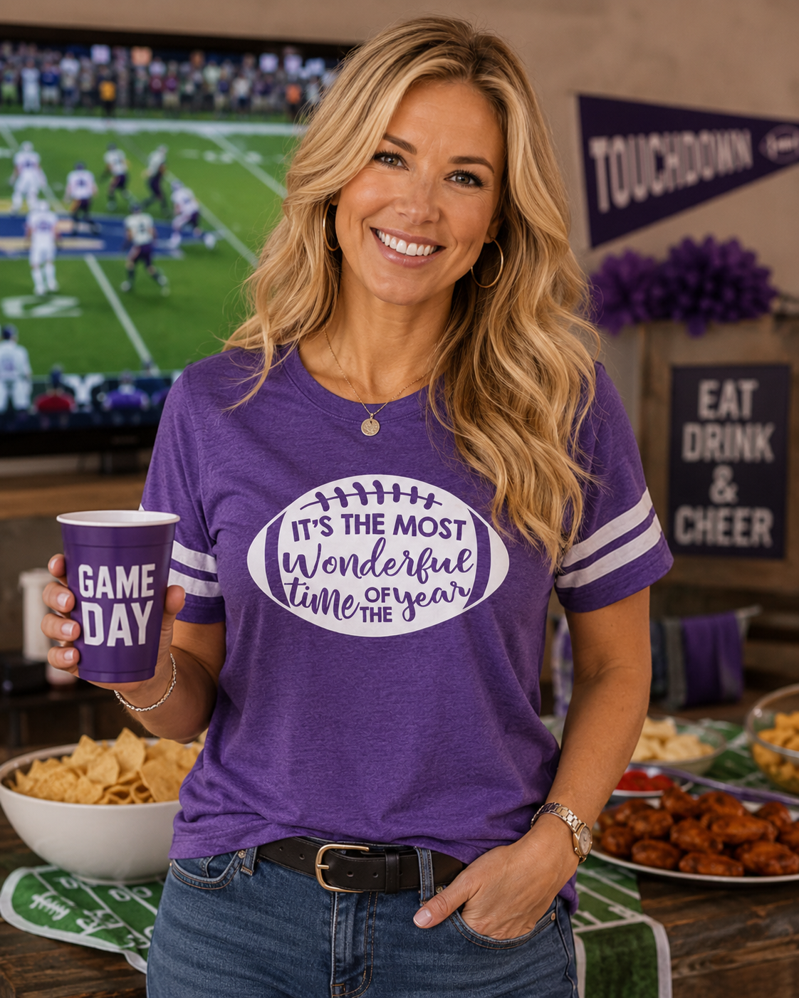Sassy Frass Most Wonderful Time of the Year Football Season Purple Vintage Jersey Girlie Bright T Shirt