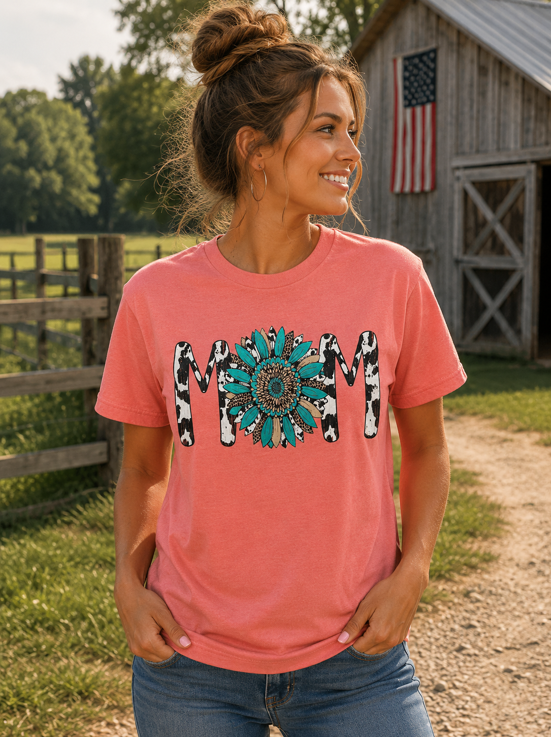 Southern Chics Wild Flower Mom Cow Print Canvas T-Shirt