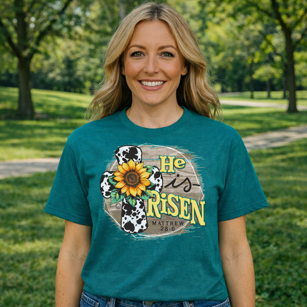 Girlie Girl Originals He Is Risen Sunflower Cross T-Shirt - SimplyCuteTees