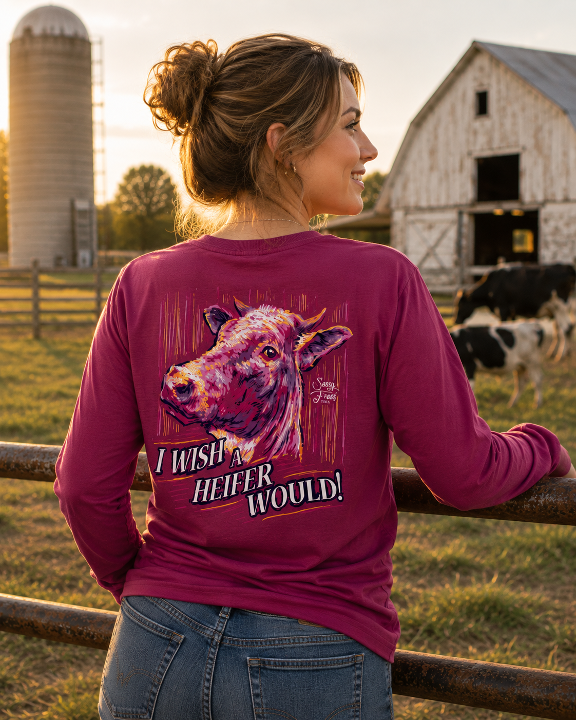 SALE Sassy Frass Preppy Wish Heifer Would Cow Watercolor Long Sleeve T-Shirt