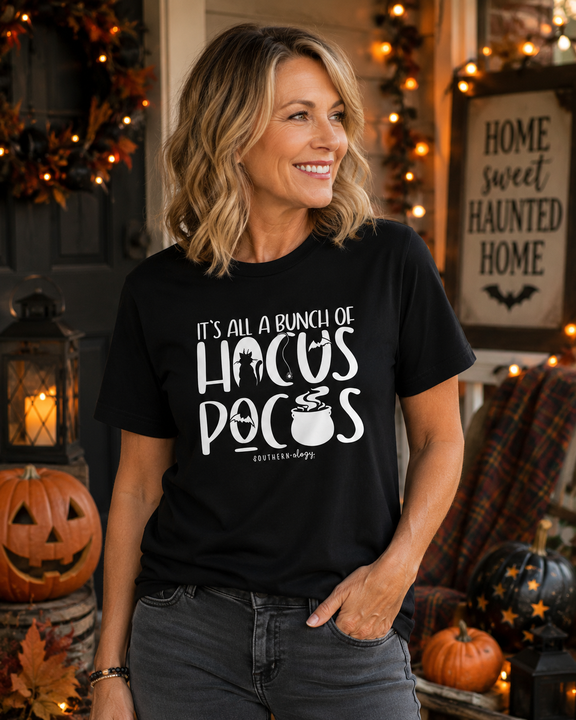 Southernology Black Hocus Pocus Halloween Statement Canvas T-Shirt