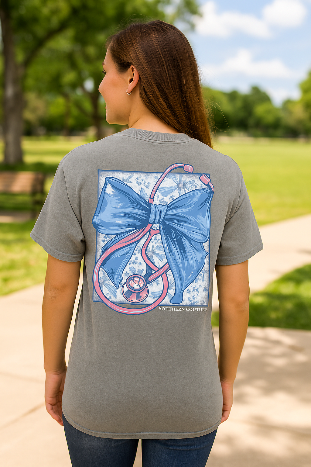 Southern Couture Classic Stethoscope With Bow Nurse T-Shirt - SimplyCuteTees