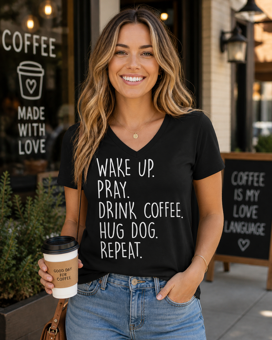 SALE Sassy Frass Wake Up Pray Drink Coffee Hug Dog Repeat Bella Canvas V-Neck Bright Girlie T Shirt