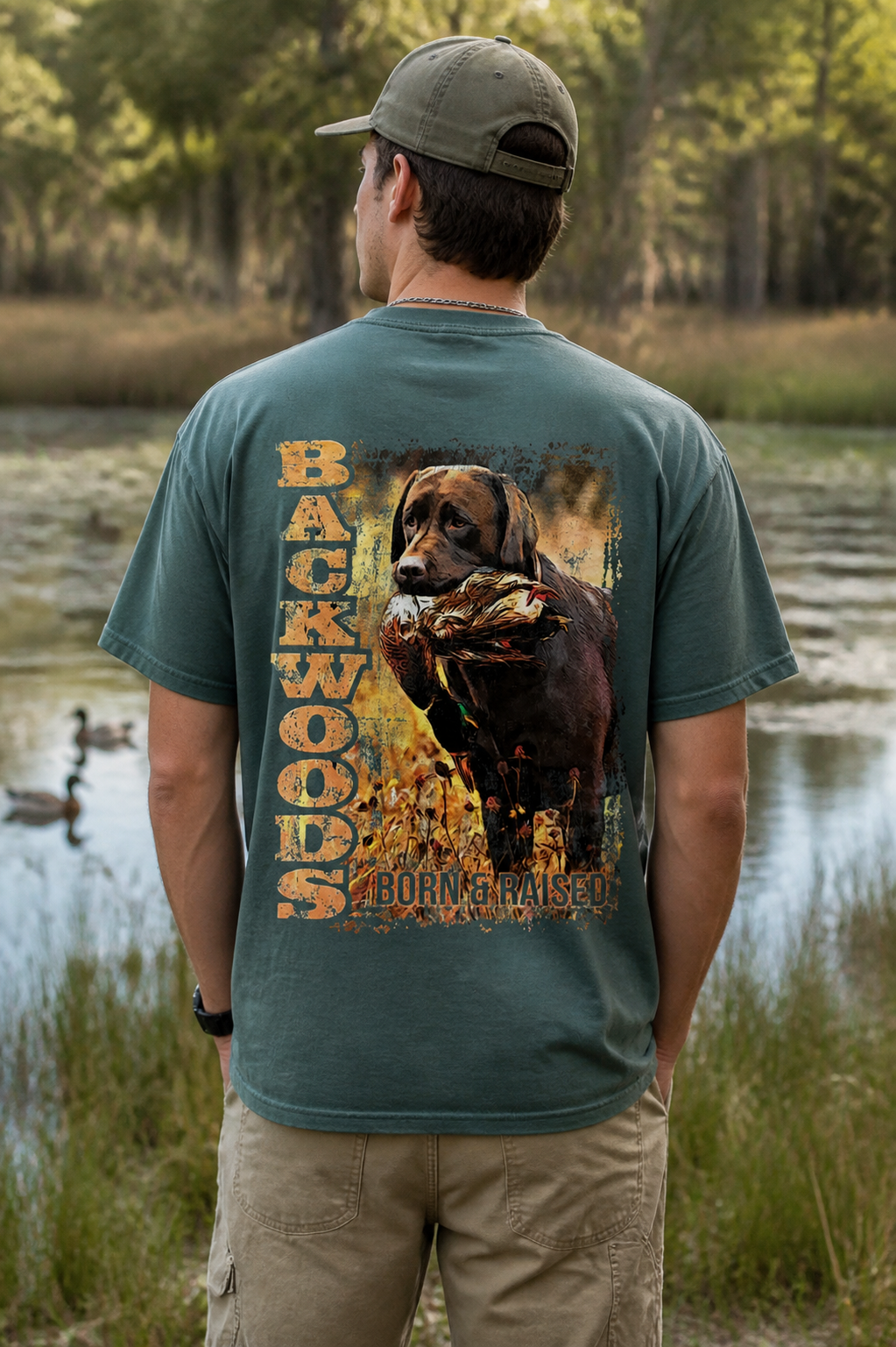 Backwoods Born & Raised Country Brown Lab Duck Hunt Unisex Bright T Shirt