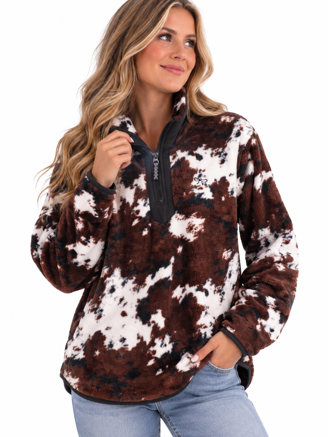 Simply Southern 0226 Quarter Zip Cow Print Pullover Sweater Jacket