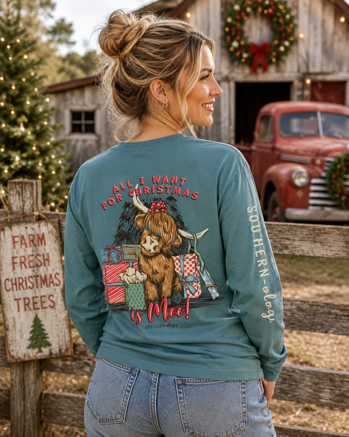 Southernology Christmas Moo Cow Holiday Comfort Colors Long Sleeve T-Shirt