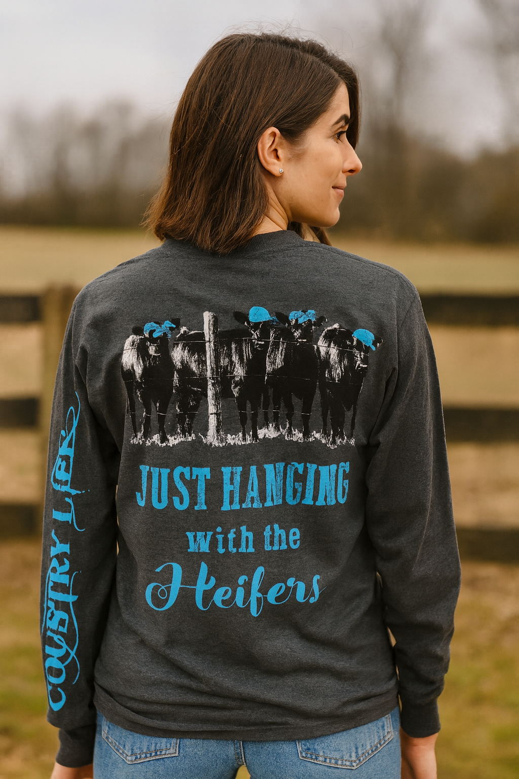 Country Life Preppy Blue Just Hanging Heifer Long Sleeve T-Shirt - SimplyCuteTees