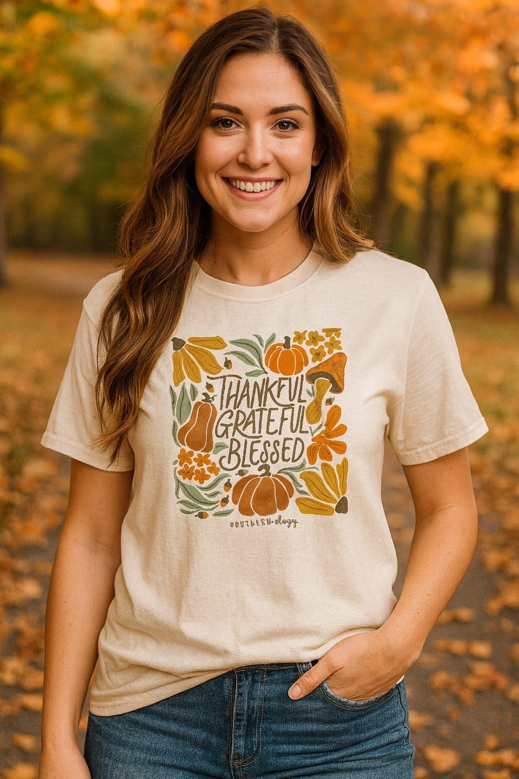 Southernology Thankful Grateful Pumpkins Fall Comfort Colors T-Shirt - SimplyCuteTees