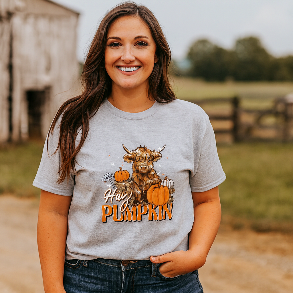 Girlie Girl Lulu Mac Hay Pumpkin Cow Fall Canvas T-Shirt