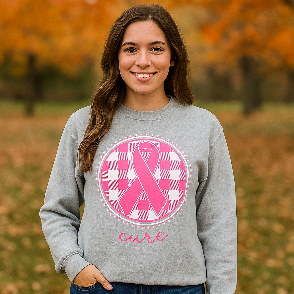 Girlie Girl Originals Cure Ribbon Plaid Cancer Long Sleeve T-Shirt