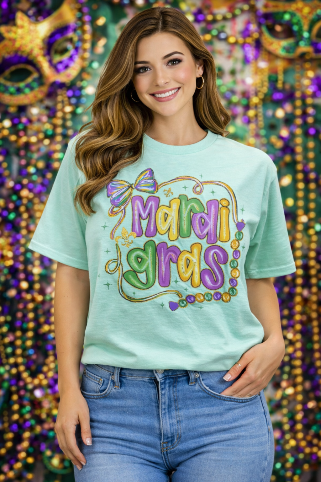Southern Chics Mardi Gras Bow & Beads Canvas T-Shirt - SimplyCuteTees