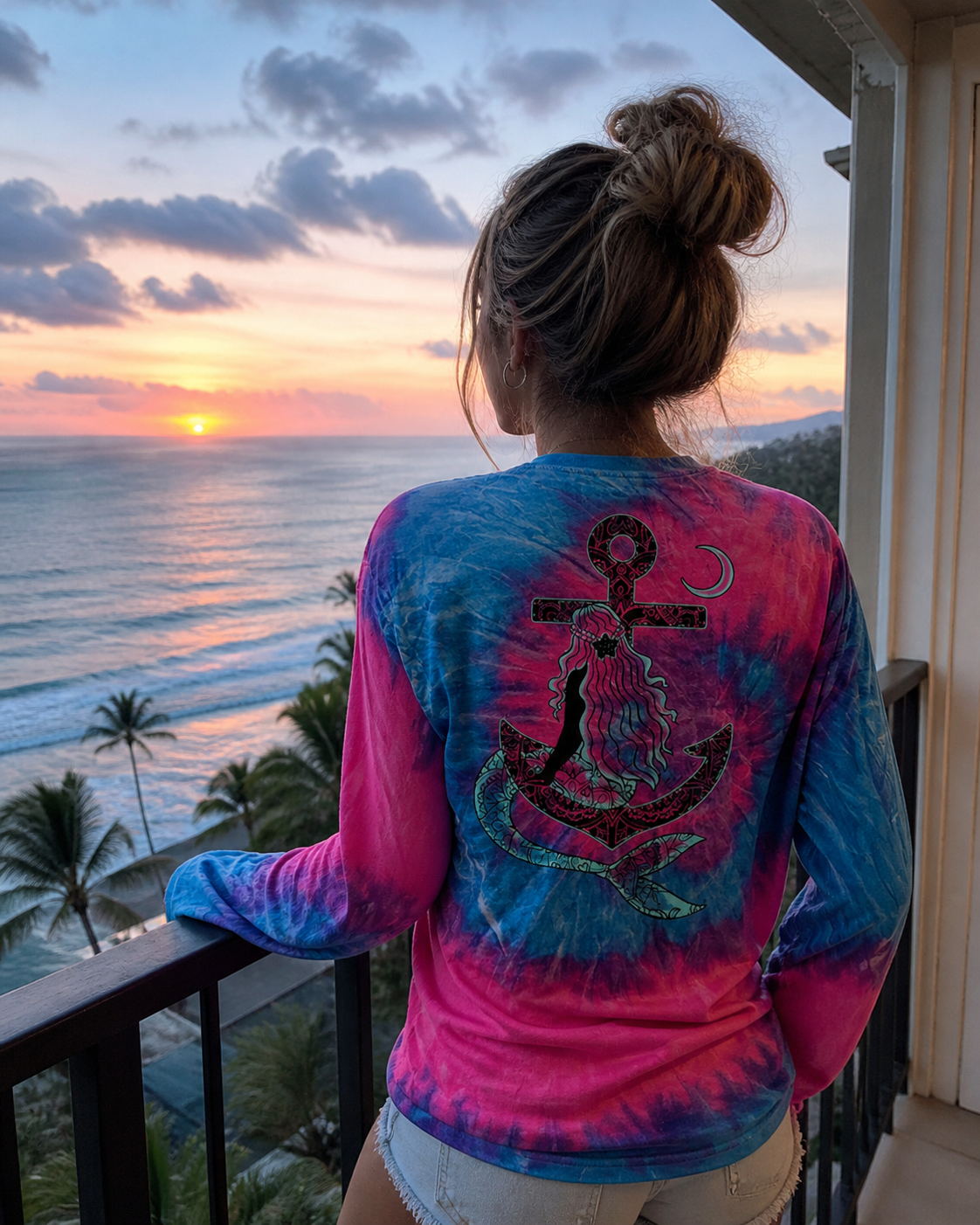 Southern Attitude Tortuga Moon Mermaid Anchor Tie Dye Long Sleeve T-Shirt