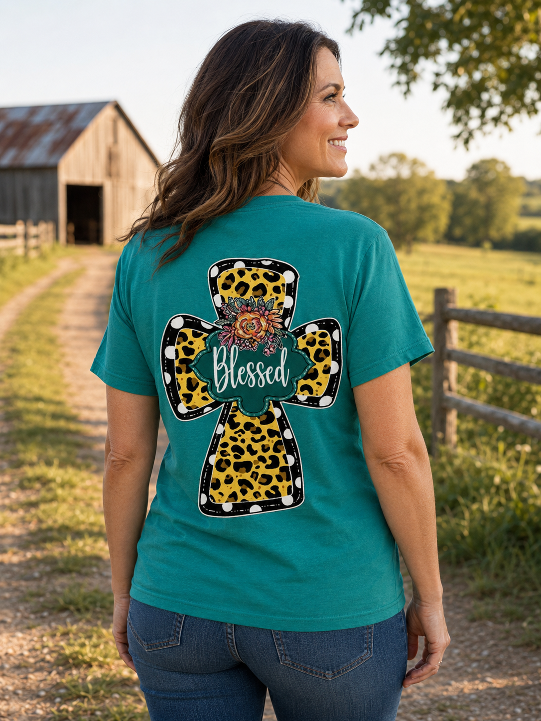 Sassy Frass Blessed Leopard Cross Faith T-Shirt