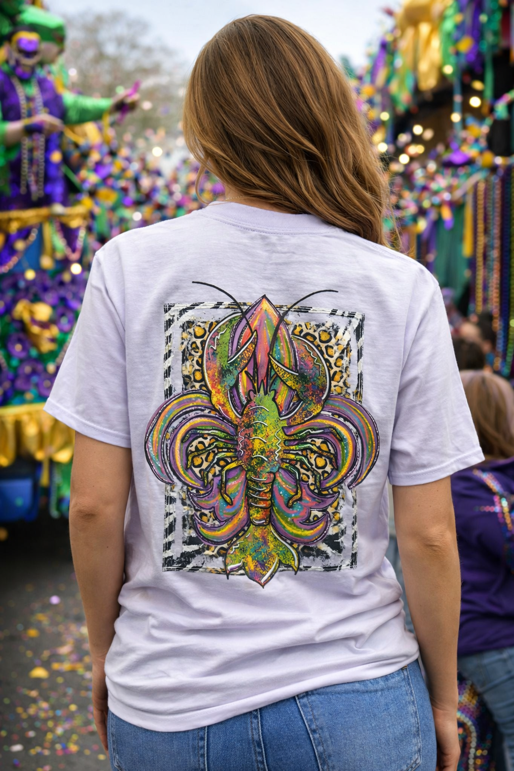 Southern Chics Mardi Gras Fleur De Lis Crawfish T-Shirt - SimplyCuteTees