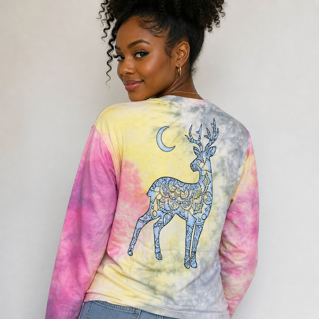 Southern Attitude Tortuga Moon Mandala Dream Deer Berry Tie Dye Long Sleeve T-Shirt