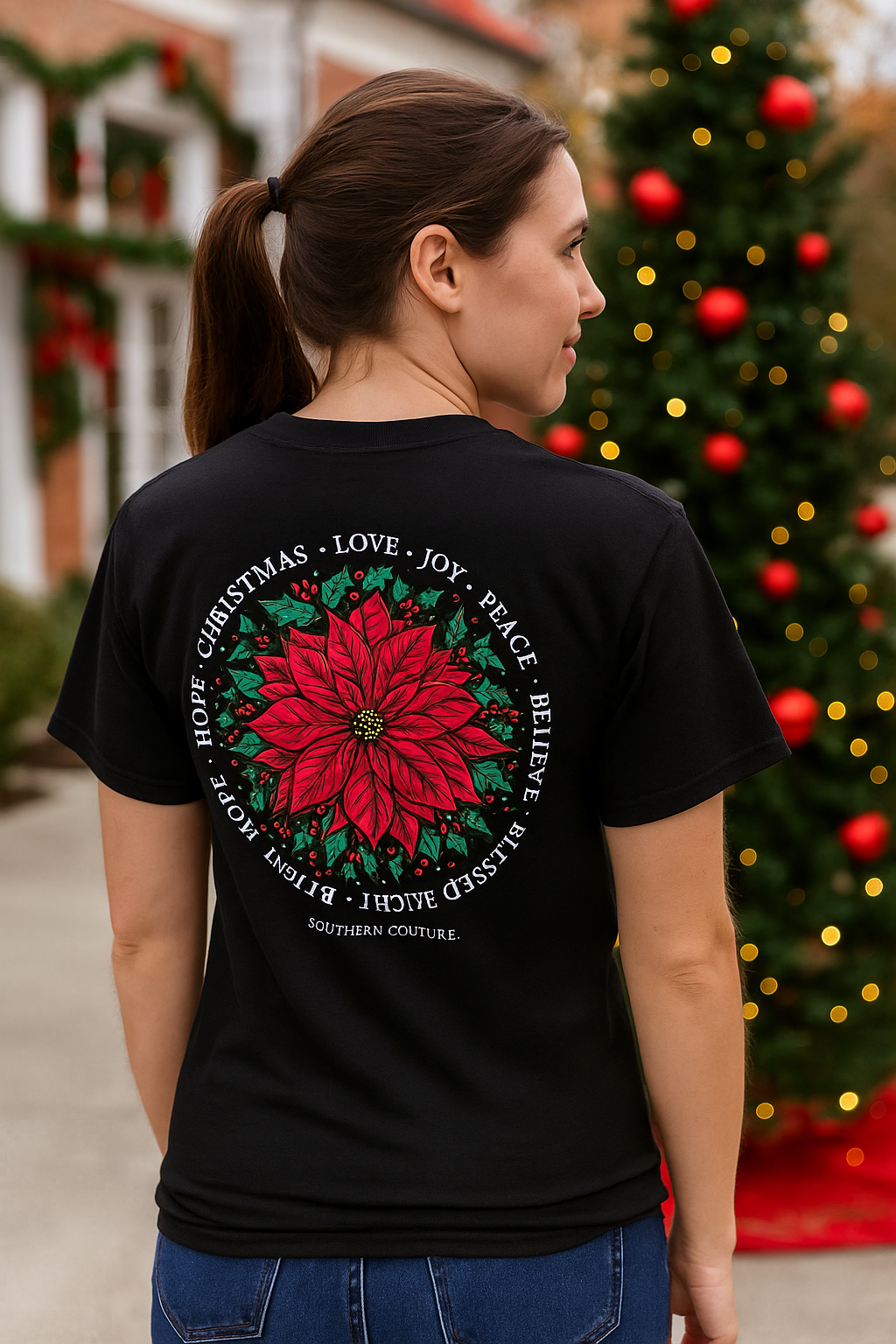 Southern Couture Classic Christmas Poinsettia Holiday T-Shirt - SimplyCuteTees