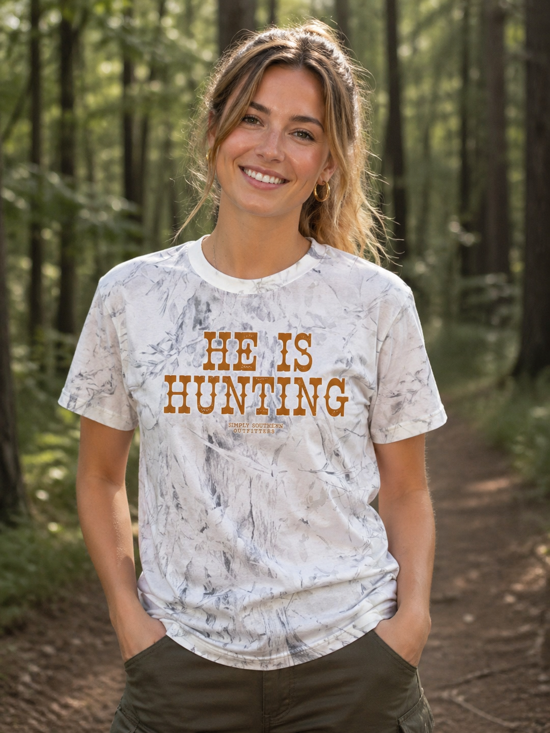 Simply Southern He Is Hunting Camo White T-Shirt