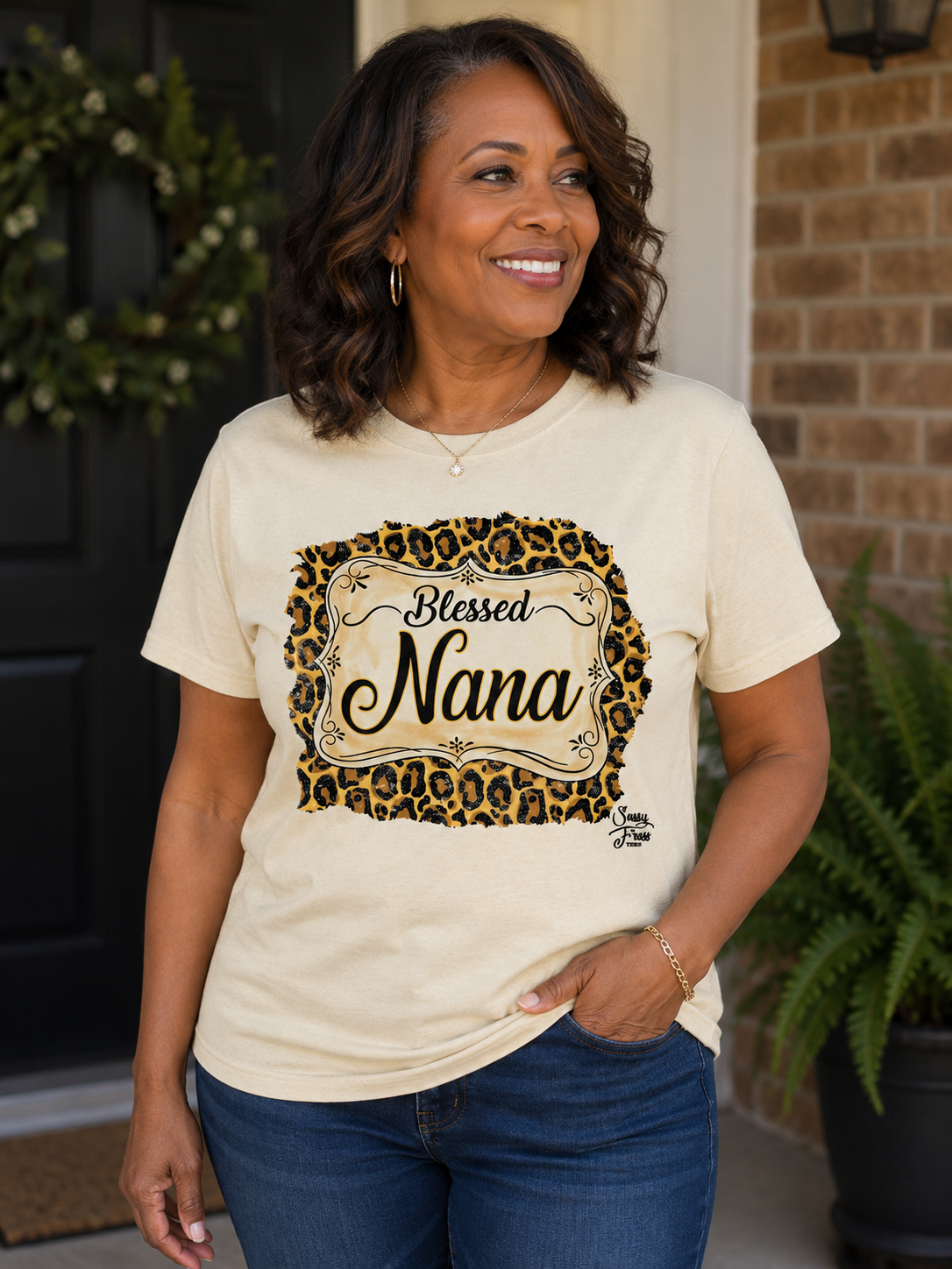 Sassy Frass Blessed Nana Leopard Front Print Bright Girlie T Shirt
