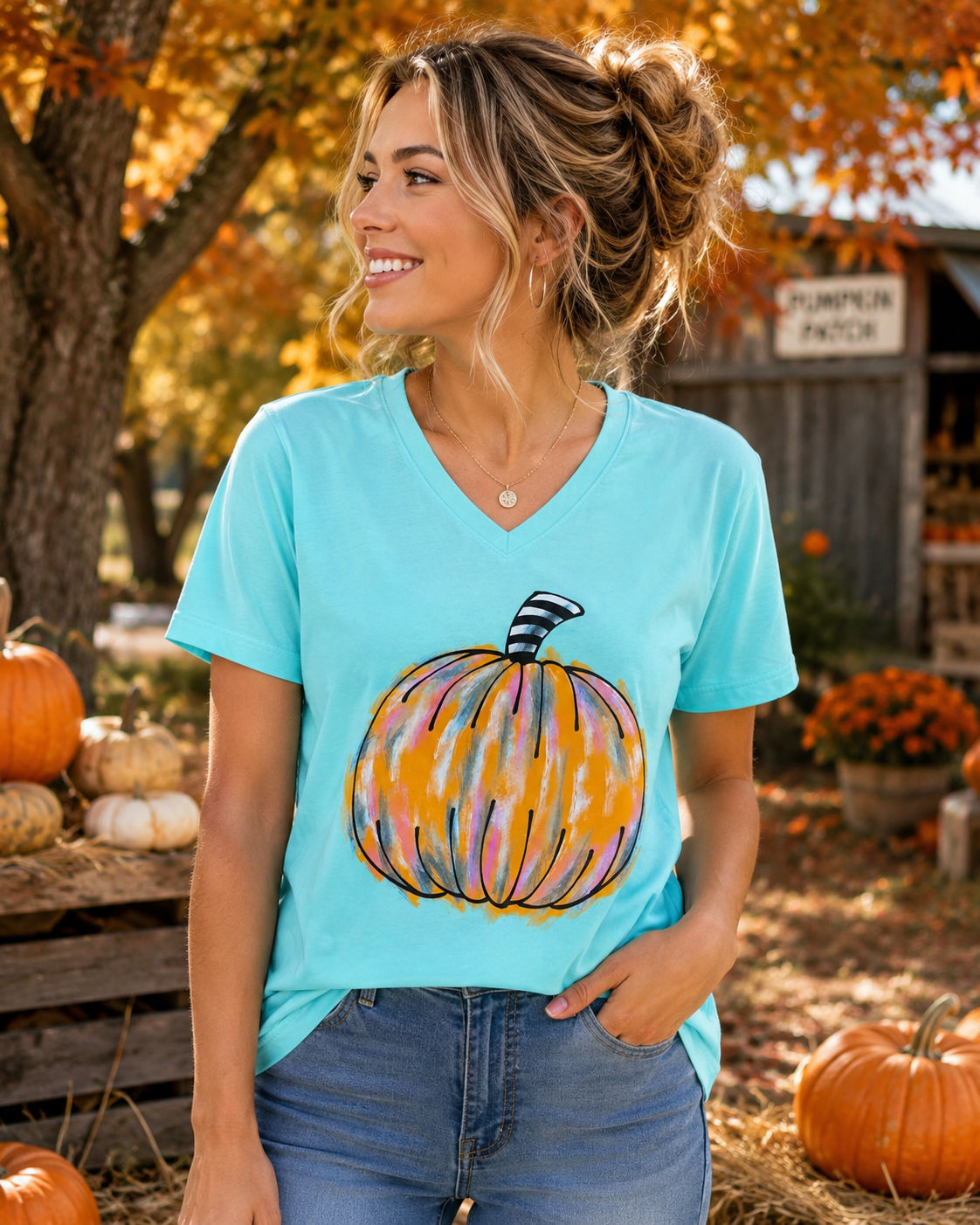 Sassy Frass Pumpkin V-Neck Fall Bright T Shirt