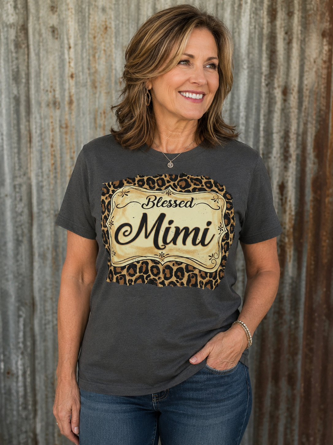 Sassy Frass Blessed Mimi Leopard Front Print Bright Girlie T Shirt