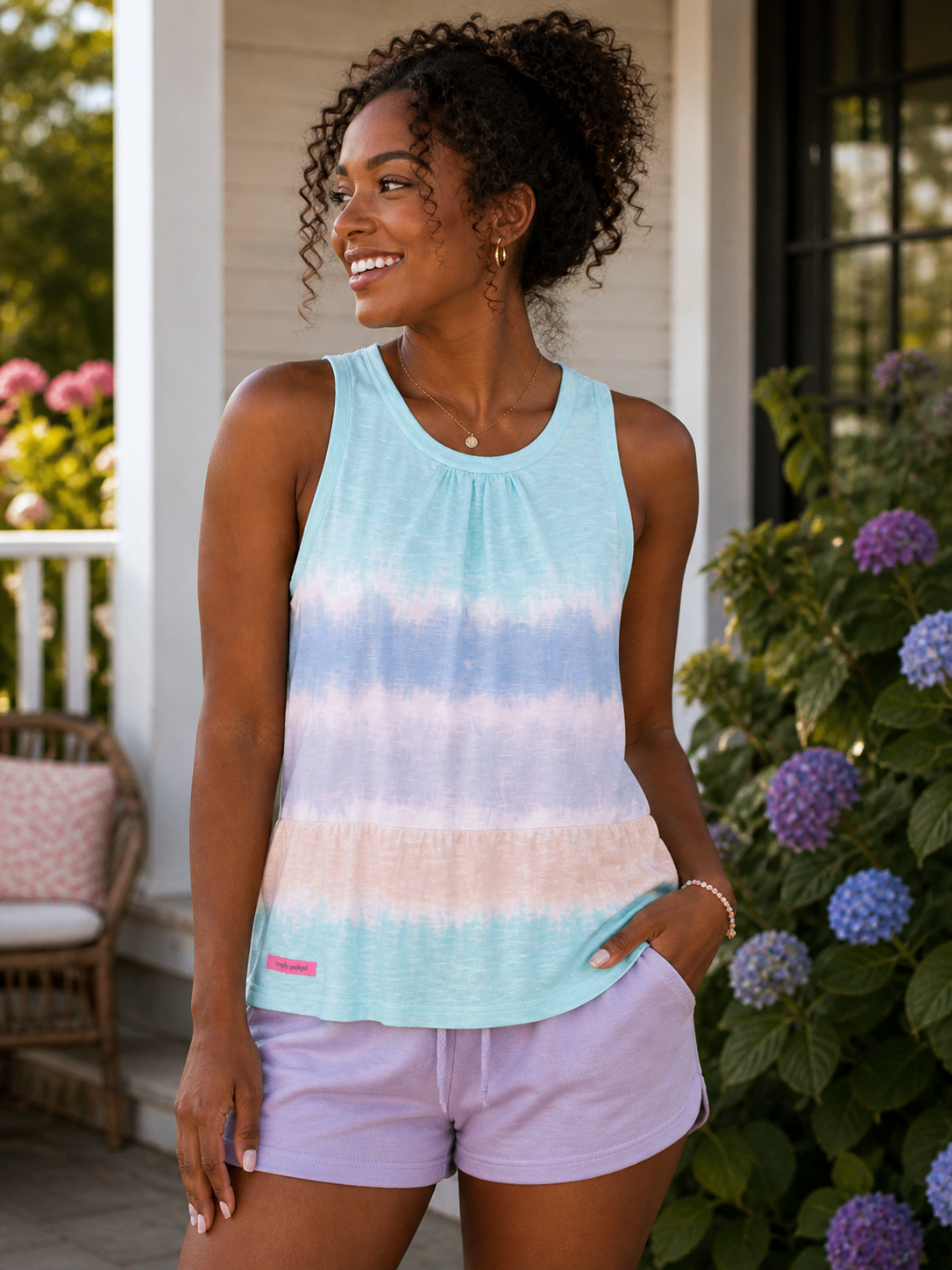 SALE Simply Southern Preppy Gather Blue Tie Dye Tank Top