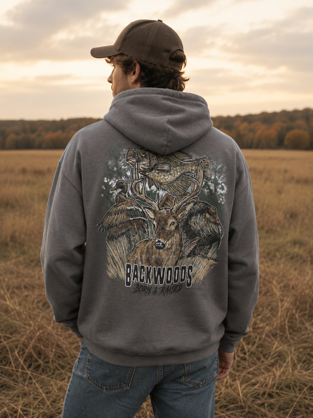Backwoods Wildlife Scene Long Sleeve Unisex Hoodie