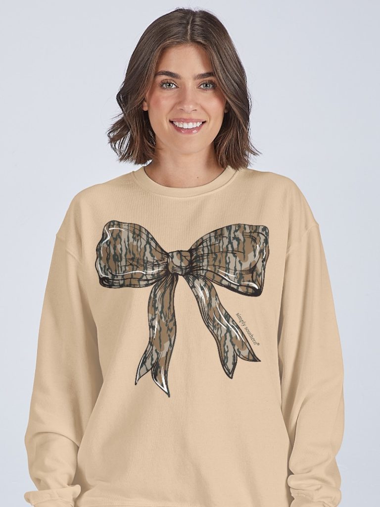 Simply Southern Sand Camo Bow Long Sleeve Crew Sweatshirt
